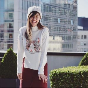 Anthropologie Moth Miaou Cat Mock Neck Wool Blend Embroidered Sweater Size Small